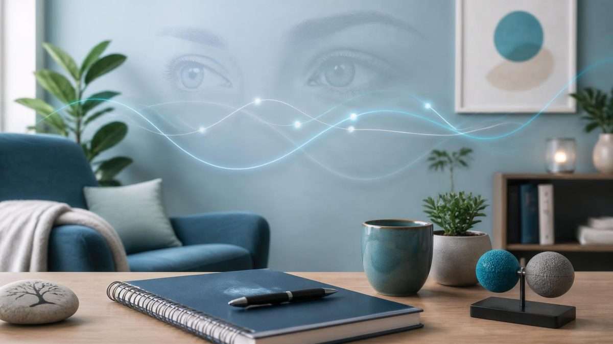 Calming therapy office setting with an abstract bilateral eye-movement wave motif, representing EMDR training for mental health professionals