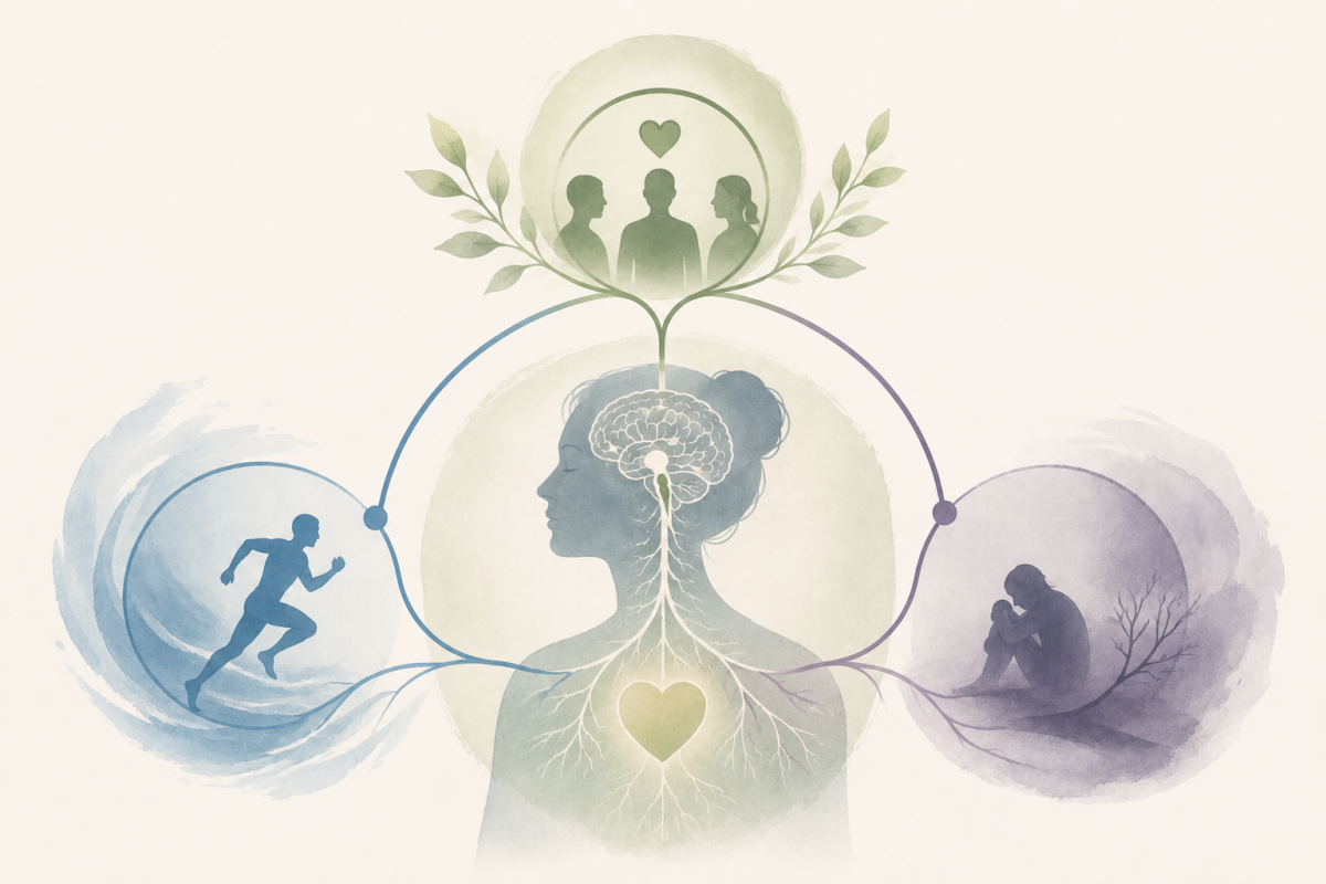 Illustration of the three autonomic nervous system states: social engagement, mobilization (fight-or-flight), and shutdown (dorsal vagal freeze)