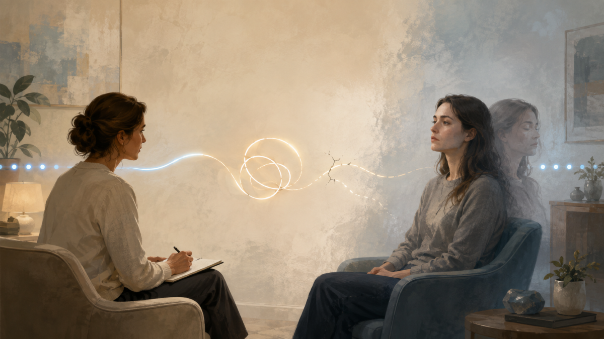 Illustration of a therapy session: a therapist and client seated facing each other, with a thread of light travelling between them that snarls into a tangle in the middle, and a faint second figure behind the client.