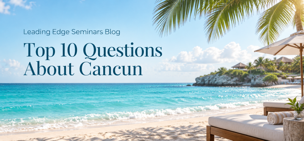 Beach at a Cancun resort with palm fronds and a lounger, titled Top 10 Questions About Cancun